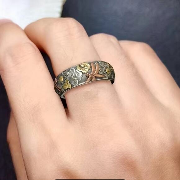 Carved Flower Dragonfly Sunflower Ring Tri Tone Size 7 - Picture 3 of 5